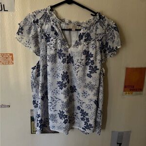 Floral White and Blue Blouse
